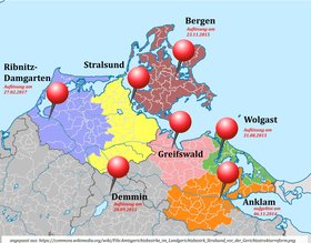 Übersicht zu den Amtsgerichten um Greifswald herum: 5(!) der 6 benachbarten Amtsgerichte werden schließen!
